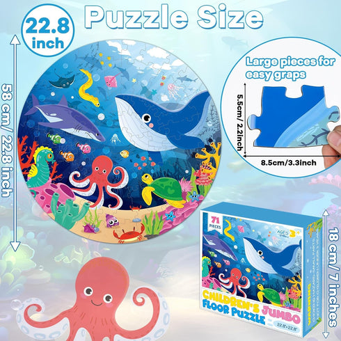 22.8 inch Jumbo Floor Puzzle for Kids Under The Sea Large Floor Puzzle Underwater World Round Puzzles for Toddler Children 4-6 Years Ocean Theme Development Educational Toys for Boys and Girls 71Pcs