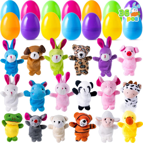 JOYIN 36 Pcs Pre-Filled Easter Eggs Filled with Animal Finger Puppets for