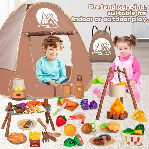 80PCS Kids Camping Toys Set - Play Tent Campfire Toys, Toy BBQ Grill Set, Pretend Cutting Play Food for Kids