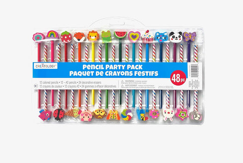 Creatology 48 Piece Pencil Party Pack! Includes 12 Colored Pencils, 12 No 2 Pencils, 24 Fun Shaped Erasers