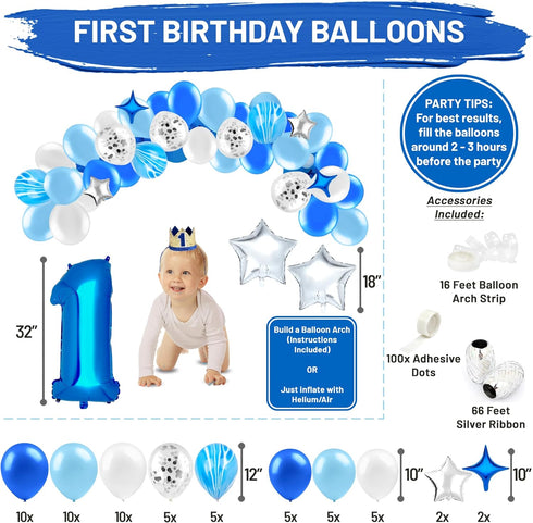 1st Package PartyHooman Boy Birthday Decors: With Photo Banner, Backdrop, Crown, High Chair Banner & Supplies