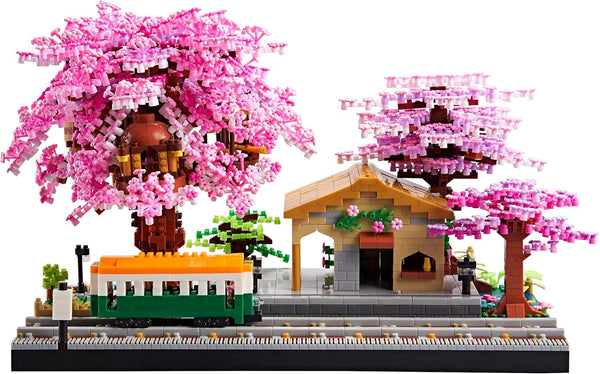 Cherry Blossom Micro Building Blocks Set - Japanese Mini Bricks Model Flower Train Station for Ages 14+, 3668PCS