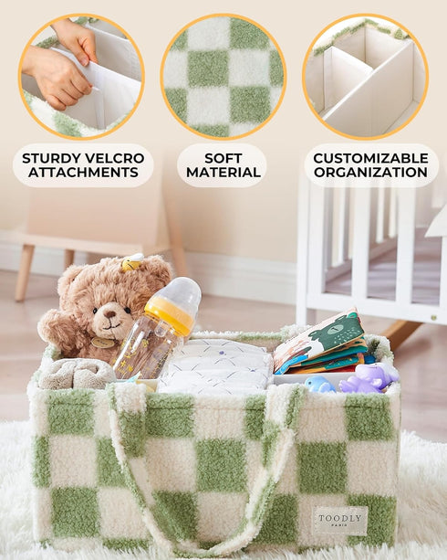 Checkered Diaper Caddy Organizer with Portable Changing Mat - Teddy Fleece Diaper Organizer for Changing Table - Caddy