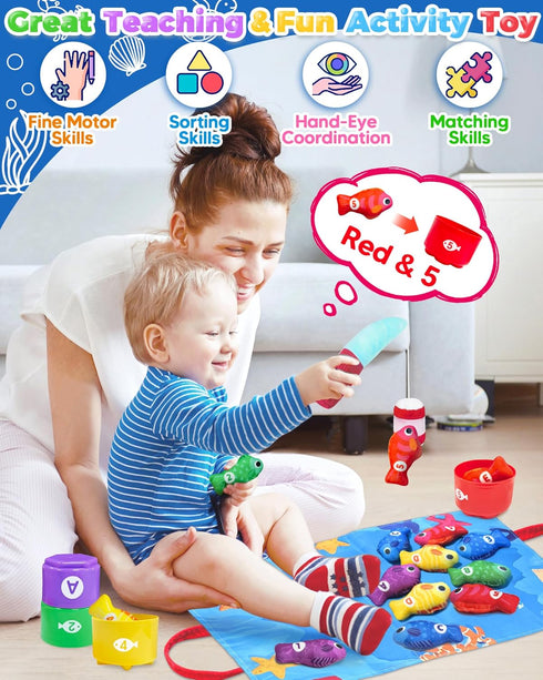 1 1 2 12-18 1-3 Montessori Toys for Year Old, Toddler Fishing Game with Stacking Cups, Learning Educational Toys