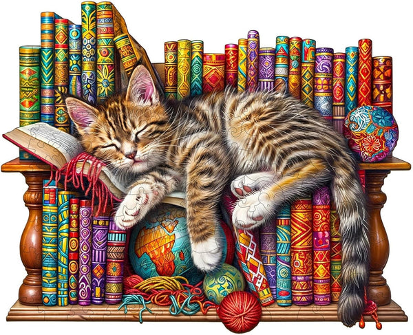 Wooden Puzzles for Adults - Snoozing Cat Wooden Jigsaw Puzzles, Unique Animal Shape Gift for Cat Lovers