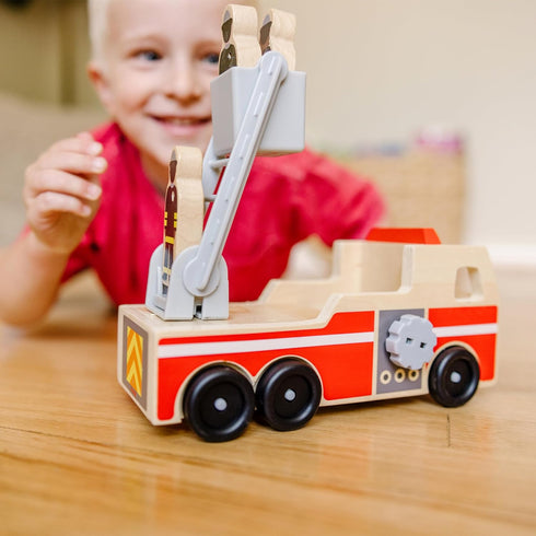 Melissa & Doug Wooden Fire Truck with 3 Firefighter Play Figures, Fire Truck Toys for Kids, Classic Wooden Toys