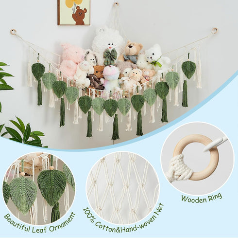 Hammock Pretty Jolly Stuffed Animal Storage with Hand Woven Leaf Tassels Corner Hanging Net Boho Macrame Plush Storage