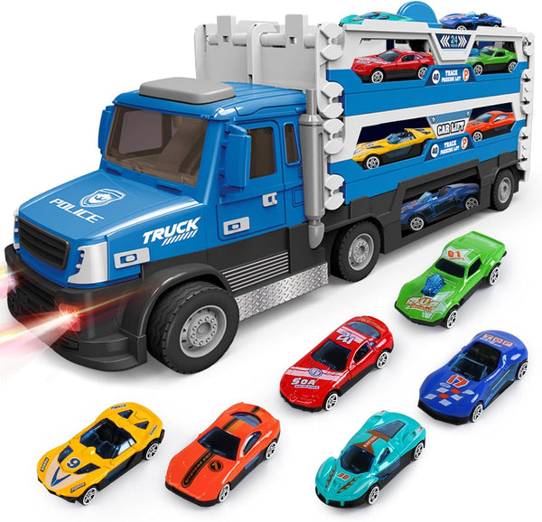 DOWELLIN 6 in 1 Transport Truck Toys for Kids, Police Trucks Carrier Cars