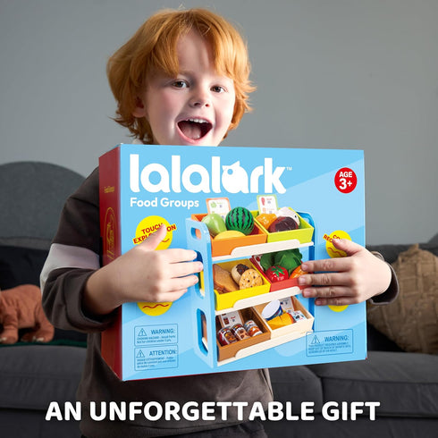 lalalark Playset, 6 JOVA Play Food for Toddlers, Kids Grocery Store Pretend Kitchen Food Toy with Storage Shelves
