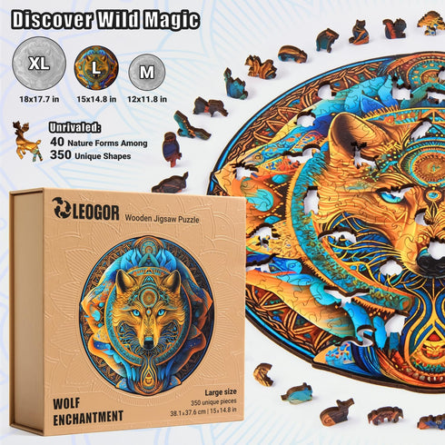 LEOGOR Wooden Jigsaw Puzzle for Adults, Wolf Enchantment (350 Piece, Large, 15 x 14.8 in) Nature Inspired