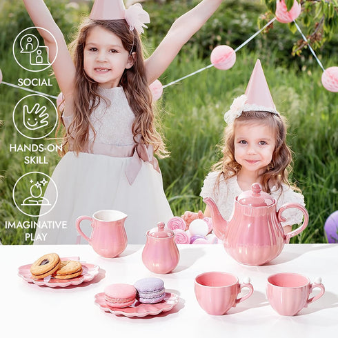 Set, Set Giant bean Porcelain Tea Pearl Pink Real Tea Party for Little Girls, British Royal Princess Series Teapot