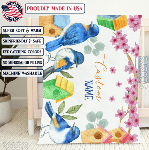 Personalized Bluebird Baby Blanket, Bluebird Baby Nursery Bedding Blanket, Custom Bluebird Baby Receiving Blanket