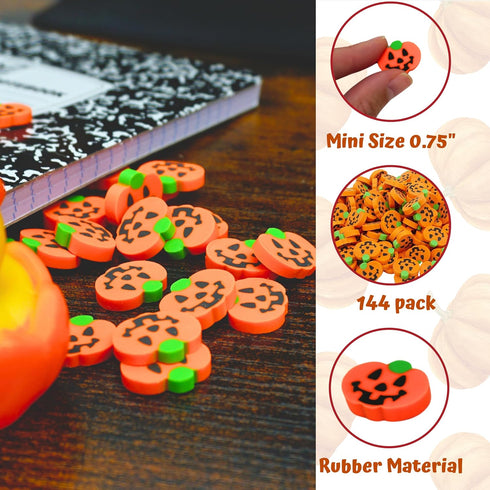 144 Pcs Halloween Pumpkin Erasers for Kids, Mini Jack-O’-Lantern Party Favors, Non-Candy Treats
