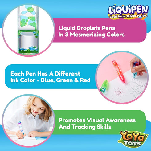 (3 Pack) 3 YoYa Toys Liquipen - Liquid Motion Bubbler Pen Toy - Colors - Colorful Timer Pens for Focus, Stress