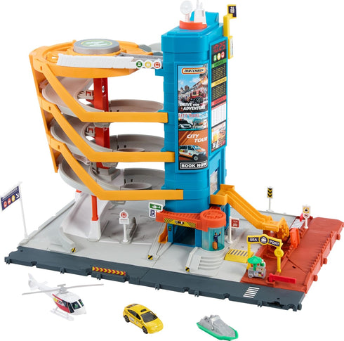Matchbox Transportation Center Playset, 5 Levels with 1:64 Scale Taxi, Boat, Helicopter & Food Vendor Features