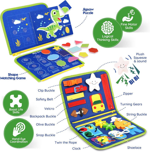 3-4 Toddler Sensory Busy Board: Travel Toy Activity Book for Girls Boys, Motor Skill Development Gift for Baby Aged