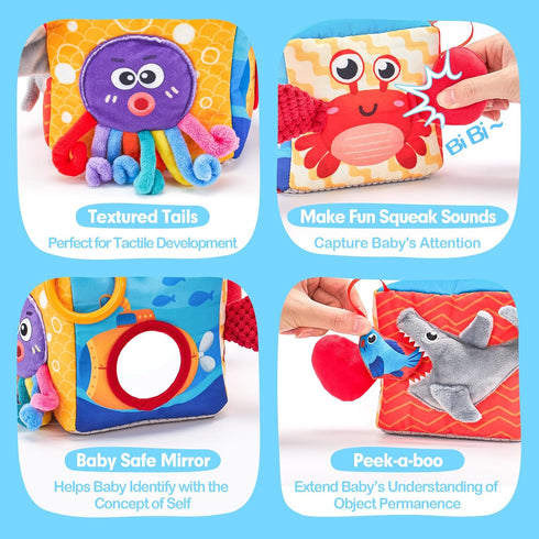 hahaland Baby Tissue Box Toy - Montessori Toys for 6-12 Months, Textured Tails, Cloth Tissues, Crinkle, Squeaky Sounds,