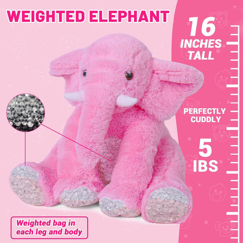 Elephant Weighted Stuffed Animals 5 lbs 16 inches Pink, Large Weighted Elephant Plushie Cuddly Pillow Gift for Kids & Adults