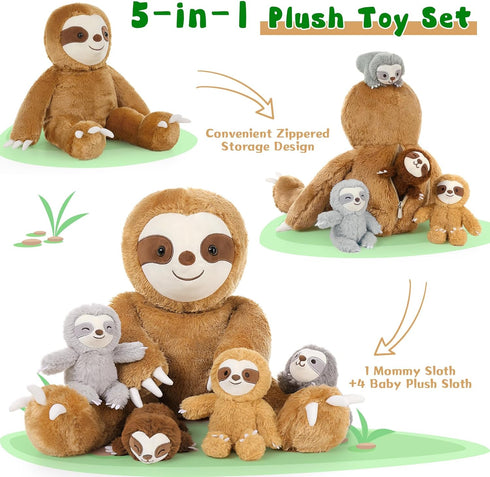Tezituor Sloth Stuffed Animal with Babies - 5 Pcs Large Mommy Sloth with 4 Baby Plush Toys