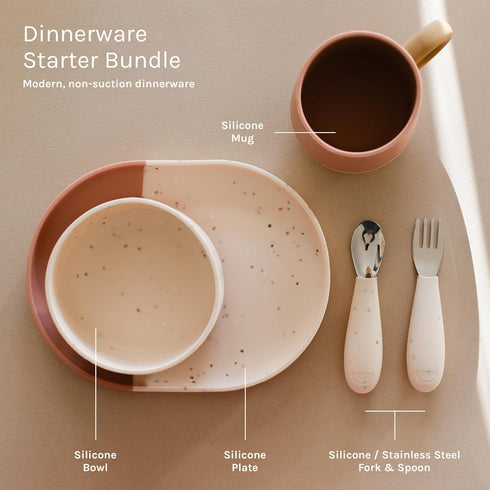 Set Set Yeah Baby Goods Silicone Dinnerware Dishwasher Safe Toddler Plate and Bowl w/Spoon, Fork & Mug (Terracotta)