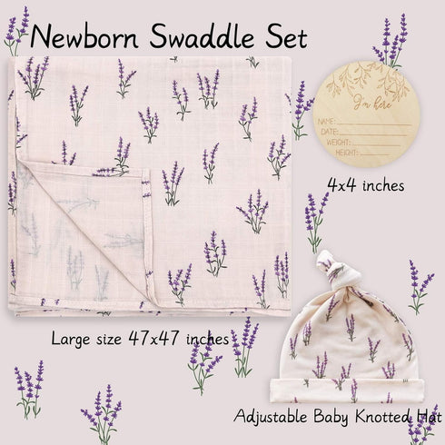 Set LifeTree Muslin Swaddle Blankets, Muslin Baby Boy Swaddle Blanket, Headband and Hat with Birth Announcement Card