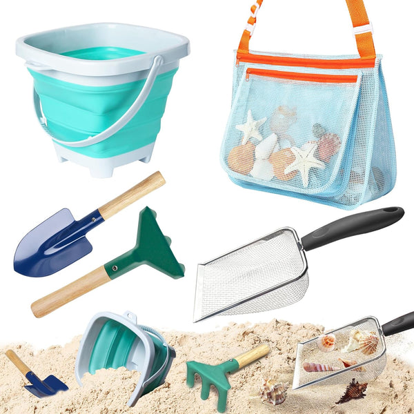 LIDAGO 5 Pcs Sand Toys Beach Set Include 1 Metal Shovel,1 Metal Rake,1