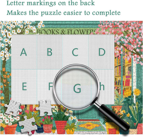 PICKFORU 1000 Book Jigsaw Puzzles Pieces, Spring Flowers Bookstore Puzzles for Adults, Blooming Bookshelf Puzzle as