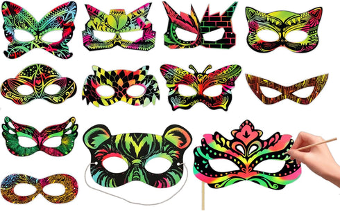 24 Sets Superhero Masks Rainbow Scratch Paper Art - Creative Classroom Arts and Crafts for Kids, Fun Party Favors