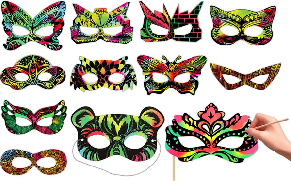 24 Sets Superhero Masks Rainbow Scratch Paper Art - Creative Classroom Arts and Crafts for Kids, Fun Party Favors