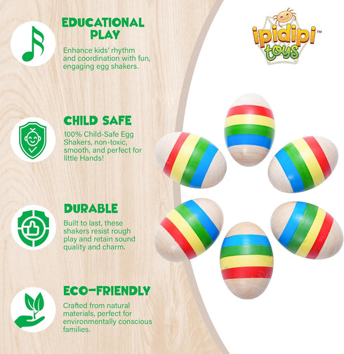 IPIDIPI Toys Egg Shakers Maracas - 6-Pack Colorful Wooden Musical Eggs for Baby, Toddler, and Party Favors