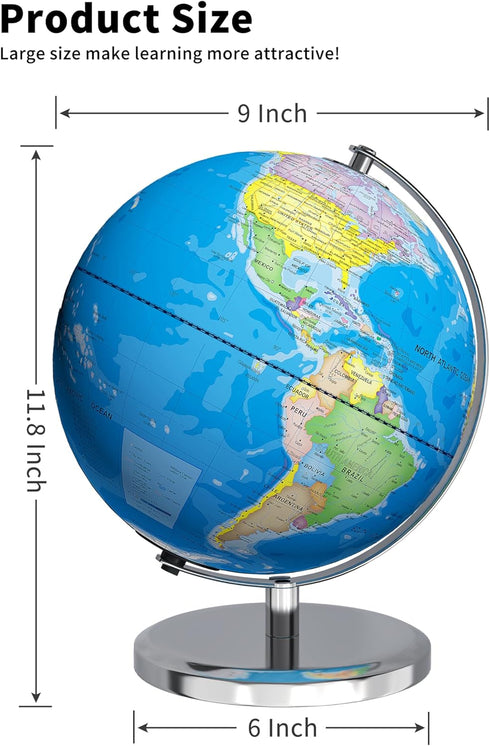 9" Illuminated World Globe with Stand - Educational Globe for Kids Learning, Colorful HD World Map Details