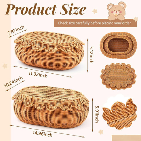 2 Juexica Pcs Scalloped Rattan Baskets, Woven Rattan Wicker Storage Baskets with Lid for Nursery Storage Diaper