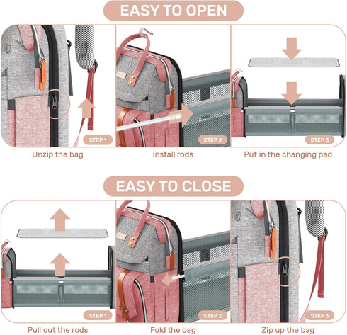 RECALLA Backpack Diaper Bag with Changing Station, Large Diaper Bag, Multifunctional Diaper Bag, Baby Bag, PinkGray