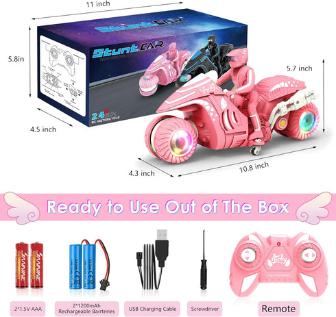 360 2.4Ghz 5-12 RC Motorcycle Toy with RGB Wheels Light, Rotation High Speed Remote Control Dirt Bike with Rider