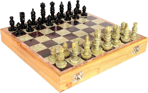 StonKraft 10" X 10" Chess Board Game Set with Wooden Base & Stone Inlaid Pieces