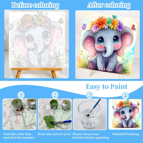 8-12 Decor(8x8 inch) Arttoplus Elephant Paint by Numbers Kit for Kids with Frame,Cute Kids Paint by Numbers Ages