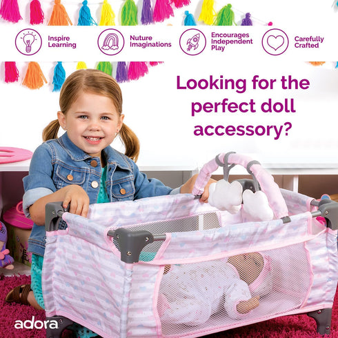 Adora Pack-N-Play Deluxe Baby Doll Crib & Changing Table Set - Includes Storage Box and Diaper Pad, Holds Dolls up to