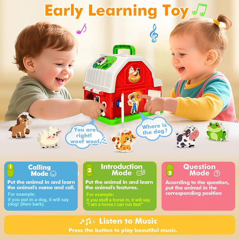 1 2 3 1-3, 12-18 Montessori Toddler Toys for Year Old Boys Girls, Musical Farm Animals Barn Toy with Sound & Light