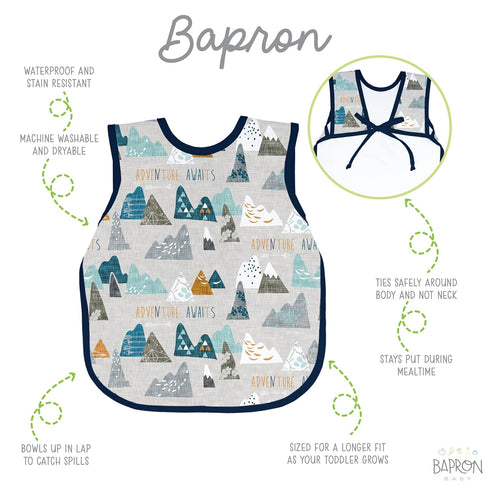 BapronBaby Adventure Awaits Bapron - No Neck Tie Safer Bib for Baby & Toddler, Soft Waterproof, Machine Washable, 6m-3T