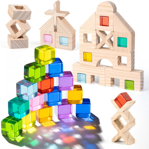 Wooden Rainbow Building Blocks Set for Kids, 22 PCS Wooden Blocks & 25 PCS Acrylic Gem Cubes, Montessori Stacking Toys