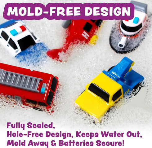 6 Pack Tub Works Emergency Cars Light Up Bath Toys, | Water-Activated Light Up Toys Flash & Change Color | Soft