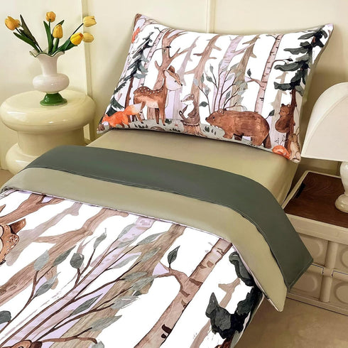 CKOU CCOO 4 Set, Set Set Pieces Woodland Animal Toddler Bedding Forest Deer Bear Fox Bed Comforter for Boys Girls, Cute