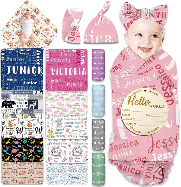 FwSYouMAI Personalized Baby Swaddle Blanket Girl Boy Custom Swaddle Set with Hat Bow