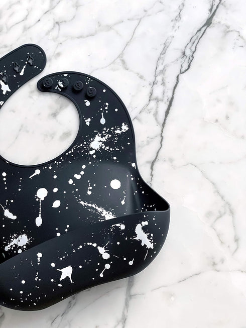 Silicone Baby Bib with Food Catcher - Adjustable Waterproof Feeding Bib for 4-36 Months, Paint Splatter on Black