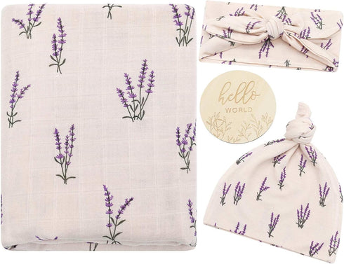 LifeTree Muslin Swaddle Blankets, Muslin Baby Boy Swaddle Blanket, Headband and Hat