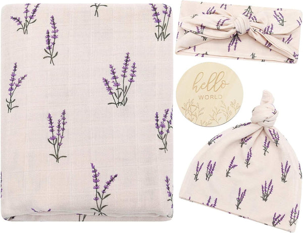 LifeTree Muslin Swaddle Blankets, Muslin Baby Boy Swaddle Blanket, Headband and Hat