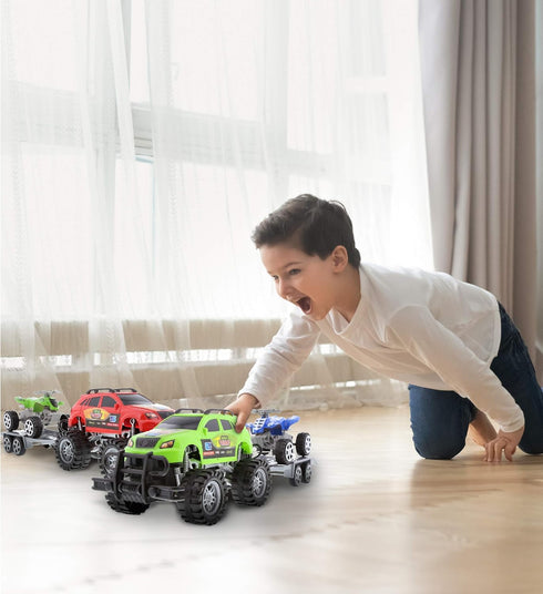 Mozlly 2 Sets of Friction Powered Monster Trucks with SUV Towing ATV Trailers - Realistic Truck and Trailer Toys