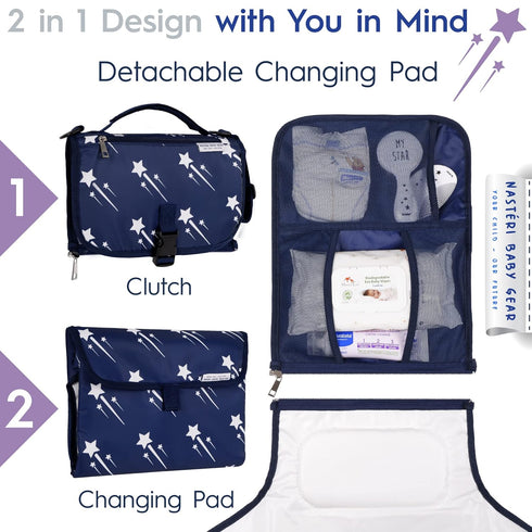 Nasteri Baby Gear Extra Large Portable Baby Changing Pad with Memory Foam Pillow & Insulated Bottle Bag - Waterproof