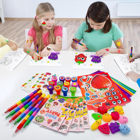 72 Summer Set Cinrobiye Pcs Fruit Coloring Book Bulk with Stacking Pencils, Tutti Frutti Party Favors, Tropical Hawaii