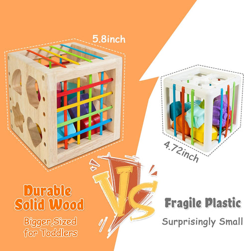 1+ 8pcs Packaging HELLOWOOD Montessori Toys for Year Old, Wooden Sorter Cube with Rattling Shapes, Developmental